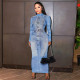 3D denim printed round neck pullover sexy slimming long sleeved dress