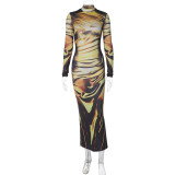 3D pattern printed half high collar mid length dress