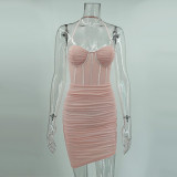 Folded mesh fishbone irregular hanging neck fashion dress