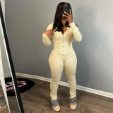 Hooded zippered long sleeved solid color slimming casual pants two-piece set