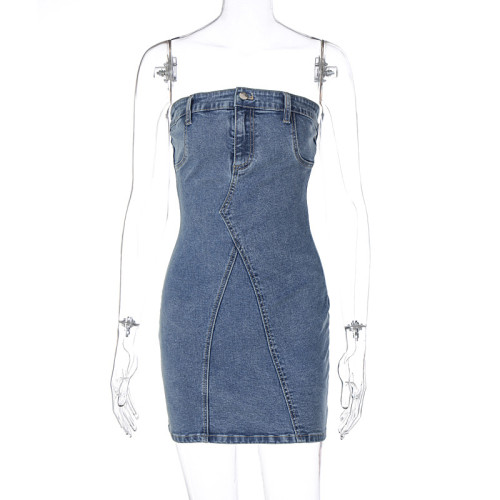 One line neckline waistband denim strapless and buttocks wrapped dress