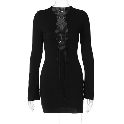 Lace up sexy leaky chest solid color round neck long sleeved buttocks wrapped dress