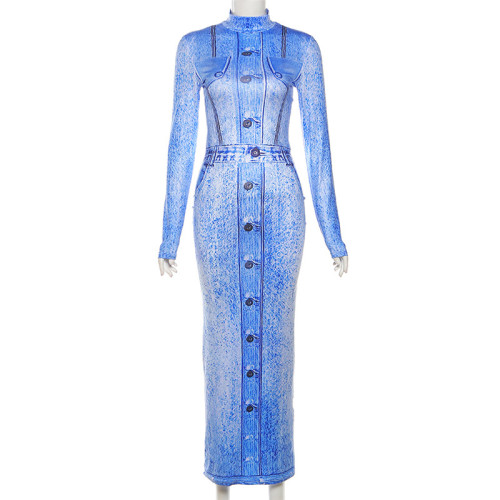 3D denim printed round neck pullover sexy slimming long sleeved dress