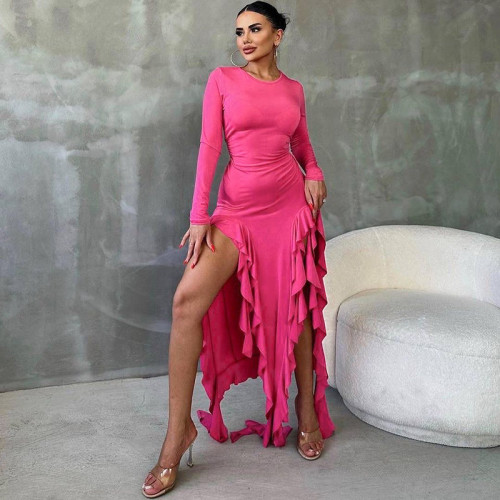 Round neck long sleeved fashionable and sexy revealing leg strap dress