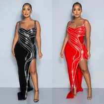 Sexy Hot Diamond Sleeveless Wrapped Hip Split Tight Elastic Dress