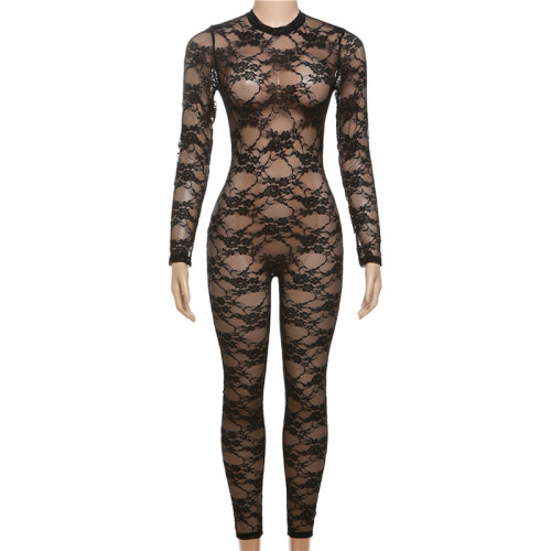 Perspective round neck long sleeved lace tight fitting jumpsuit