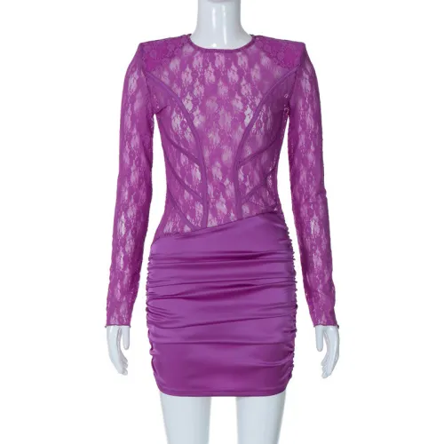 Sexy lace patchwork perspective backless long sleeved buttocks wrapped dress