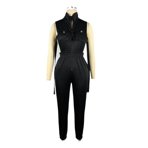 Solid color side button long zipper with 4 pockets jumpsuit