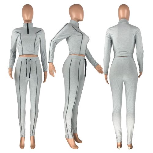 Contrast line round neck zipper sports and leisure home clothing two-piece pants set