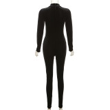 Sexy high necked tight fitting long sleeved velvet high waisted solid color jumpsuit