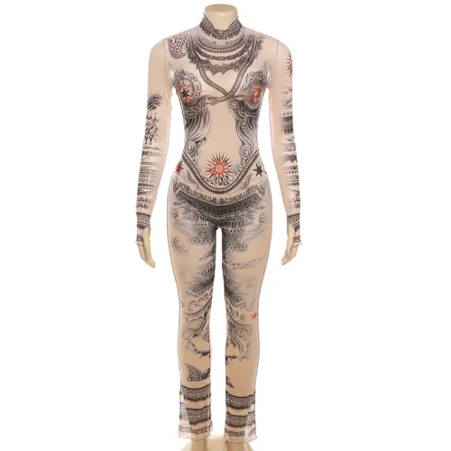 Mesh printed high waisted tight flared jumpsuit