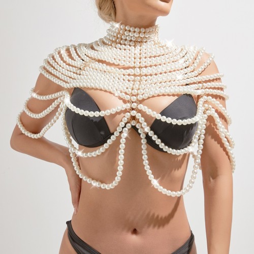 Multi layer pearl neck chain, chest accessory, sweater chain, double layer shoulder chain, pearl body chain