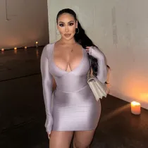 Long sleeved, low cut, slim fit, short cut, buttocks wrapped, high waisted dress