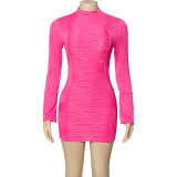 Solid round neck long sleeved buttocks wrapped water wave sexy slim fit dress