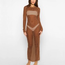 Sexy Dingzhu Hot Diamond Cover Up Mesh Long sleeved Dress