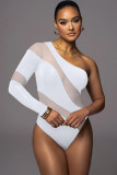 Diagonal shoulder sleeves, tight mesh splicing, fashionable striped hollow out one shoulder jumpsuit