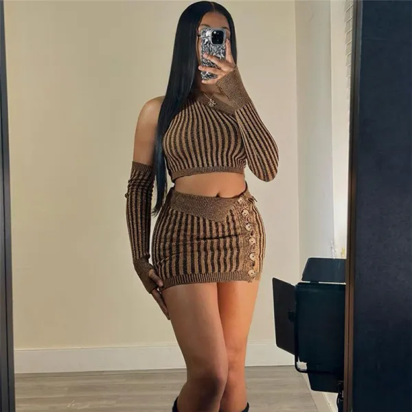 Sexy Knitted Top High Waist Wrapped Hip Short Skirt Set