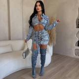 Washed denim lace up 3D 3D pocket skirt set