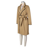 Women's woolen long sleeved woven lapel long coat loose windbreaker coat