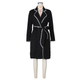 Women's woolen long sleeved woven lapel long coat loose windbreaker coat