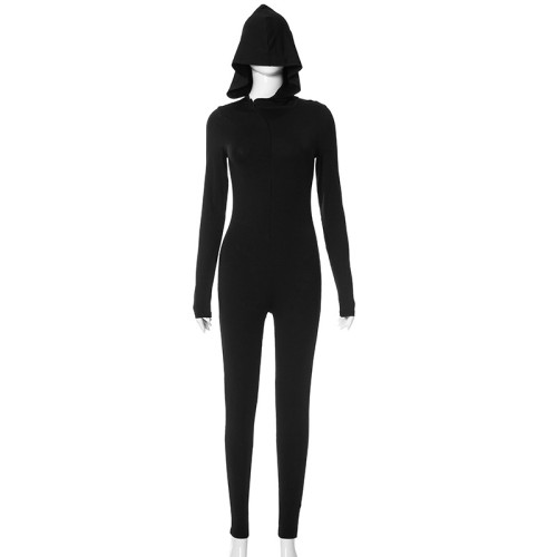 Tight solid color long sleeved hooded jumpsuit