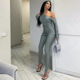 Slanted collar off shoulder long sleeved top, tight pants, casual set