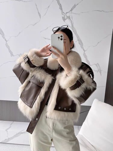 Fox fur patchwork faux fur motorcycle retro loose jacket