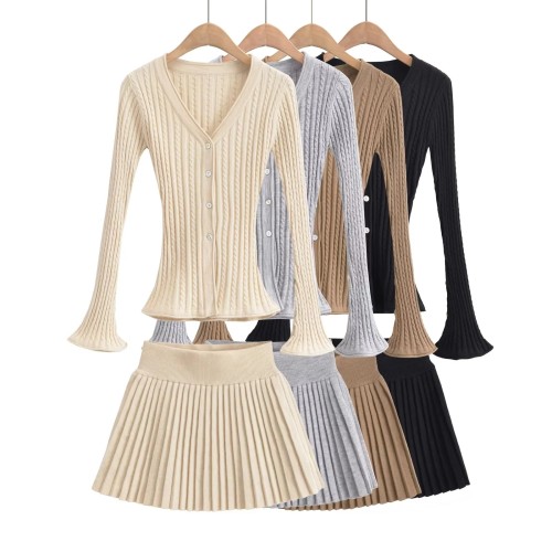 V-neck single breasted flared sleeve knitted cardigan+high waisted knitted pleated skirt half skirt set