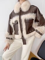 Fox fur patchwork faux fur motorcycle retro loose jacket