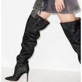 High heeled rhinestone pointed pleated knee length boots