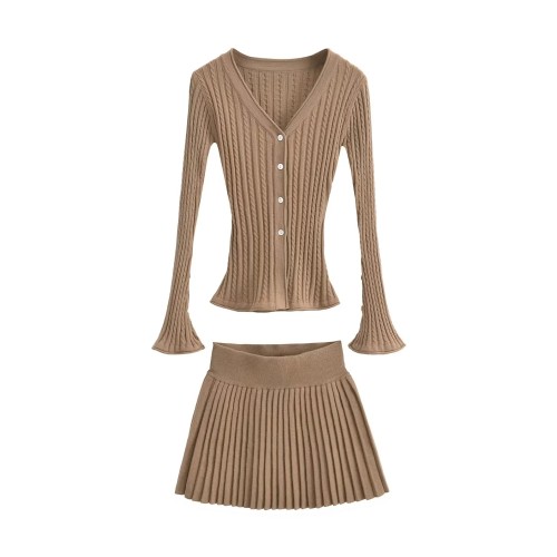 V-neck single breasted flared sleeve knitted cardigan+high waisted knitted pleated skirt half skirt set