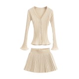 V-neck single breasted flared sleeve knitted cardigan+high waisted knitted pleated skirt half skirt set