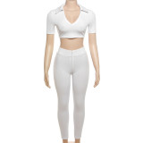 Open navel lapel slim fit top, high waisted casual pants set