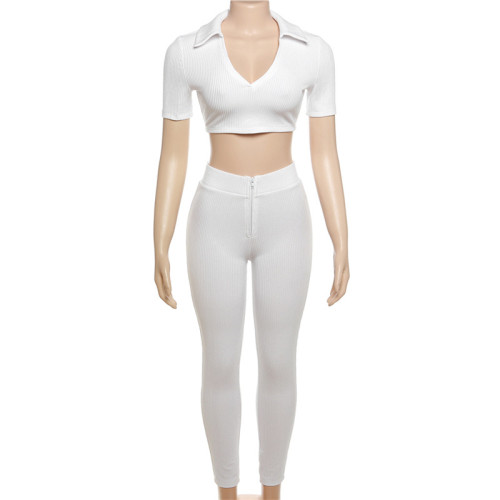 Open navel lapel slim fit top, high waisted casual pants set