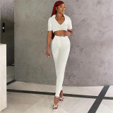 Open navel lapel slim fit top, high waisted casual pants set