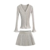 V-neck single breasted flared sleeve knitted cardigan+high waisted knitted pleated skirt half skirt set