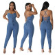 Tight, slim fit, backless bandage, corned denim jumpsuit