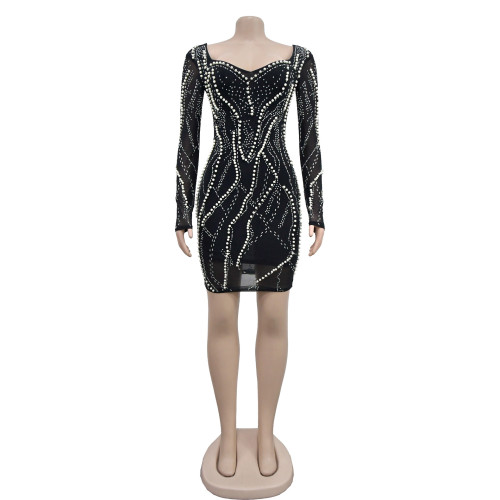 Women's solid color mesh hot diamond long sleeved short skirt dress