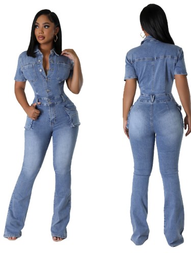 Tight waisted slim fit, elastic stir fried flower washed denim jumpsuit, bell bottomed pants