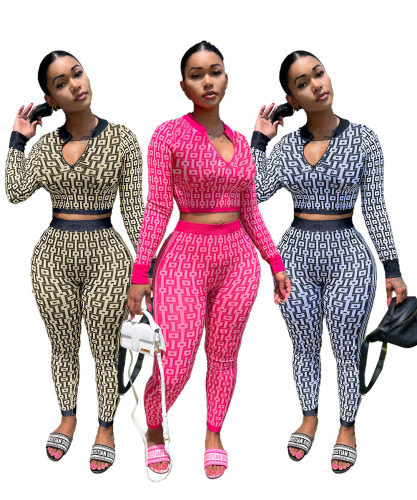 Women's elastic knitted printed set, long sleeved two-piece set