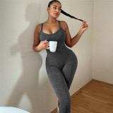 Leisure yoga suspender with solid color high waisted long pants and tight fitting jumpsuit