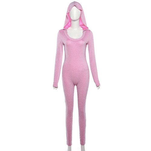 Sexy high necked tight fitting long sleeved hooded backless high waisted solid color jumpsuit