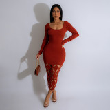 Solid color round neck long sleeved sexy hollow out wrap buttocks high waisted dress