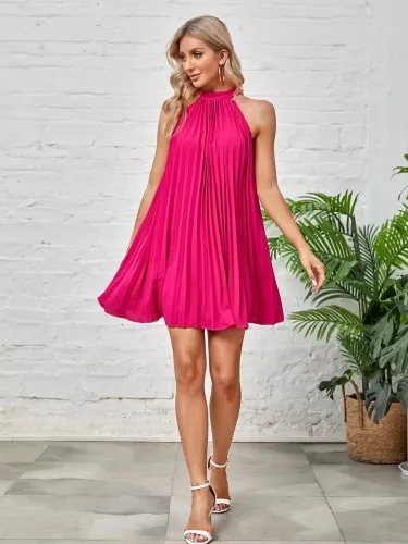 Solid color pleated sleeveless stand up collar bow tie dress