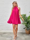 Solid color pleated sleeveless stand up collar bow tie dress