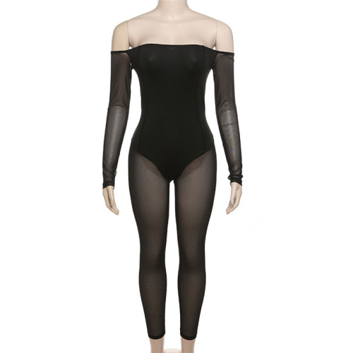 Sexy One line Neck Mesh Spliced High Waist Tight jumpsuit