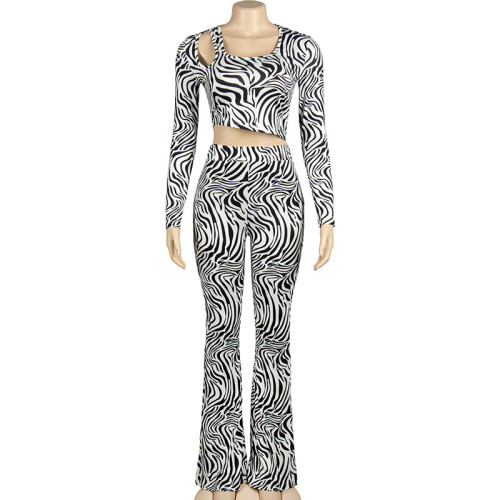 Zebra print long sleeved open navel top slim fit pants set