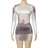 Round neck long sleeved printed slim fit wrap buttocks short high waisted dress