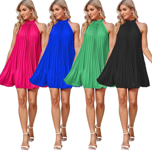 Solid color pleated sleeveless stand up collar bow tie dress