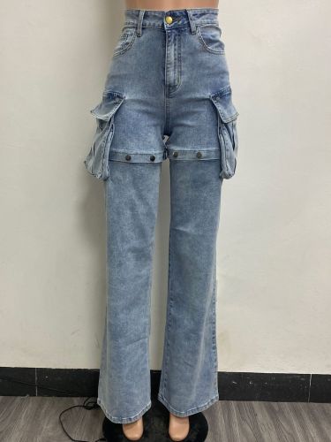 Elastic jeans with hollowed out detachable shorts
